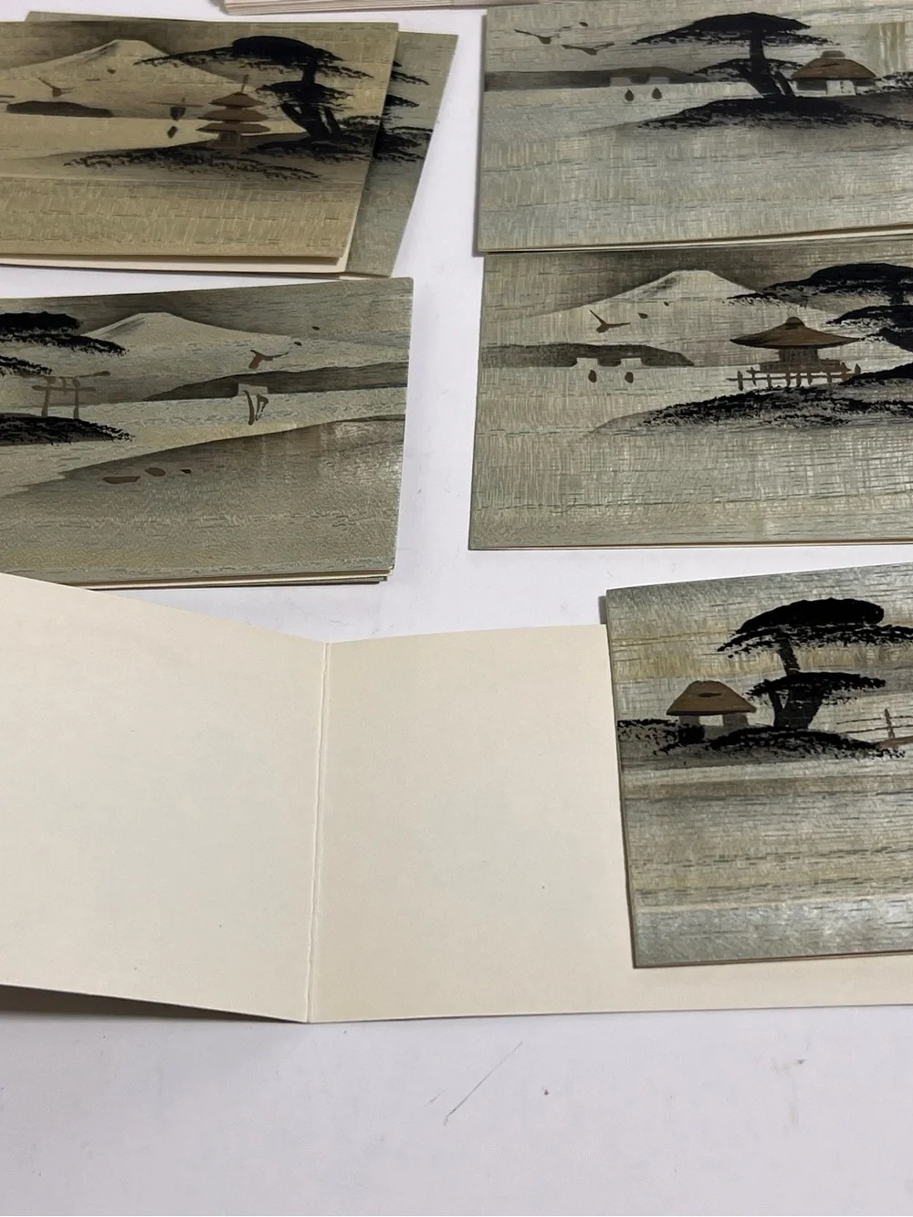 VTG Handpainted Japan Fujiyoshida Mountain Temple Pagoda Bamboo Wood Notecards